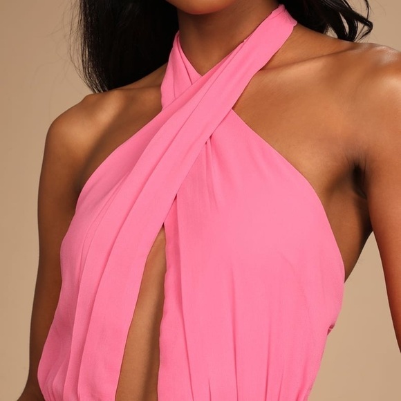 Lulus Flirty Chic Bright Pink Cutout Twist-Front Halter Midi Dress NWT LARGE - Picture 2 of 11